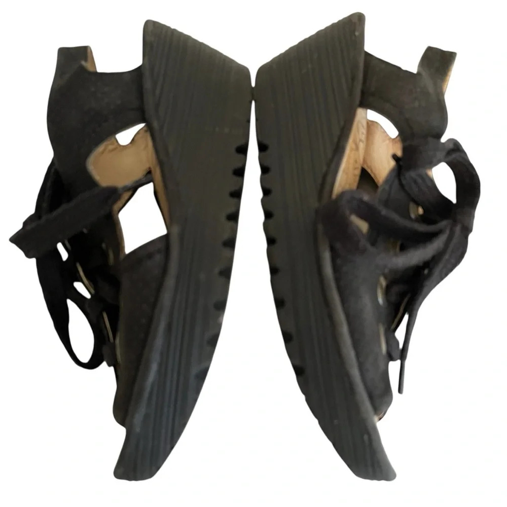 Fly London Black Perforated Leather Tie Yiva Wedge Sandal 39(8-8.5)